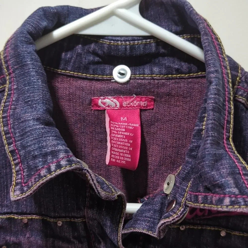 Eckō Ecko Red Girls Denim Sweatshirt Jacket Size M Pink Embroidered Rhinestone